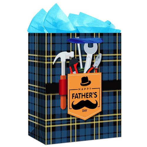 WaaHome Fathers Day Gift Bag with Handle 13''x10.5''x5.8'' Large Happy Fathers Day Gift Bags with Tissue Paper, Father Day Gift Bags for Dad Daddy Father Papa Grandpa