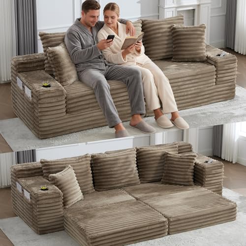 Yihomfy Sofá cama Convertible 273 cm, sofá cama 2 en 1 de pana sin respaldo, sofá modulable convertible y sofá con 2 vasos, sofá de 2 plazas para salón, caqui
