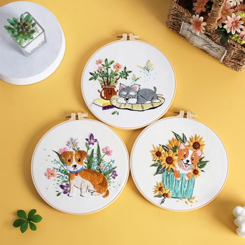 Image of GLTAYLMY Dogs Embroidery Kit for Beginners with Pattern and Instructions,3 Pack Cross Stitch Kits,1 Plastic Embroidery Hoops,Threads and Needles,Needlepoint Kit for Adults