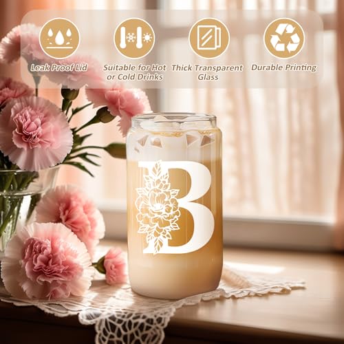 Image of Coolife Initial Glass Cup, Monogrammed Gifts for Women, 16 oz Tumbler w /Lid | Iced Coffee Smoothie Beer Tumbler w /Straw Lid - Personalized Christmas, Birthday Gifts for Woman Her Mom Friend