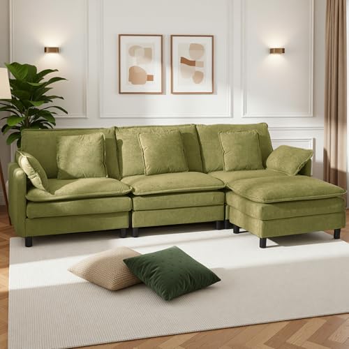 Image of Claiks 110 inch Modular Sectional Sofa, Cloud Couch with Ottoman, L-Shaped 4-Seater Sofa in Chenille Fabric, Deep Seat Comfy Couch with Pillows for Living Room & Offices, Green