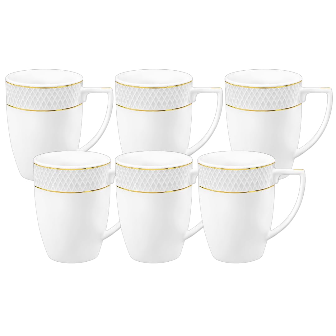 Wilmax - Teetassen & Kaffeetassen 6er Set - 320ml - Kaffeebecher Porzellan mit Goldmuster - Becherset - Tasse für Tee, Kaffee, Cappuccino - Porzellantassen mit Griffen - Weiß