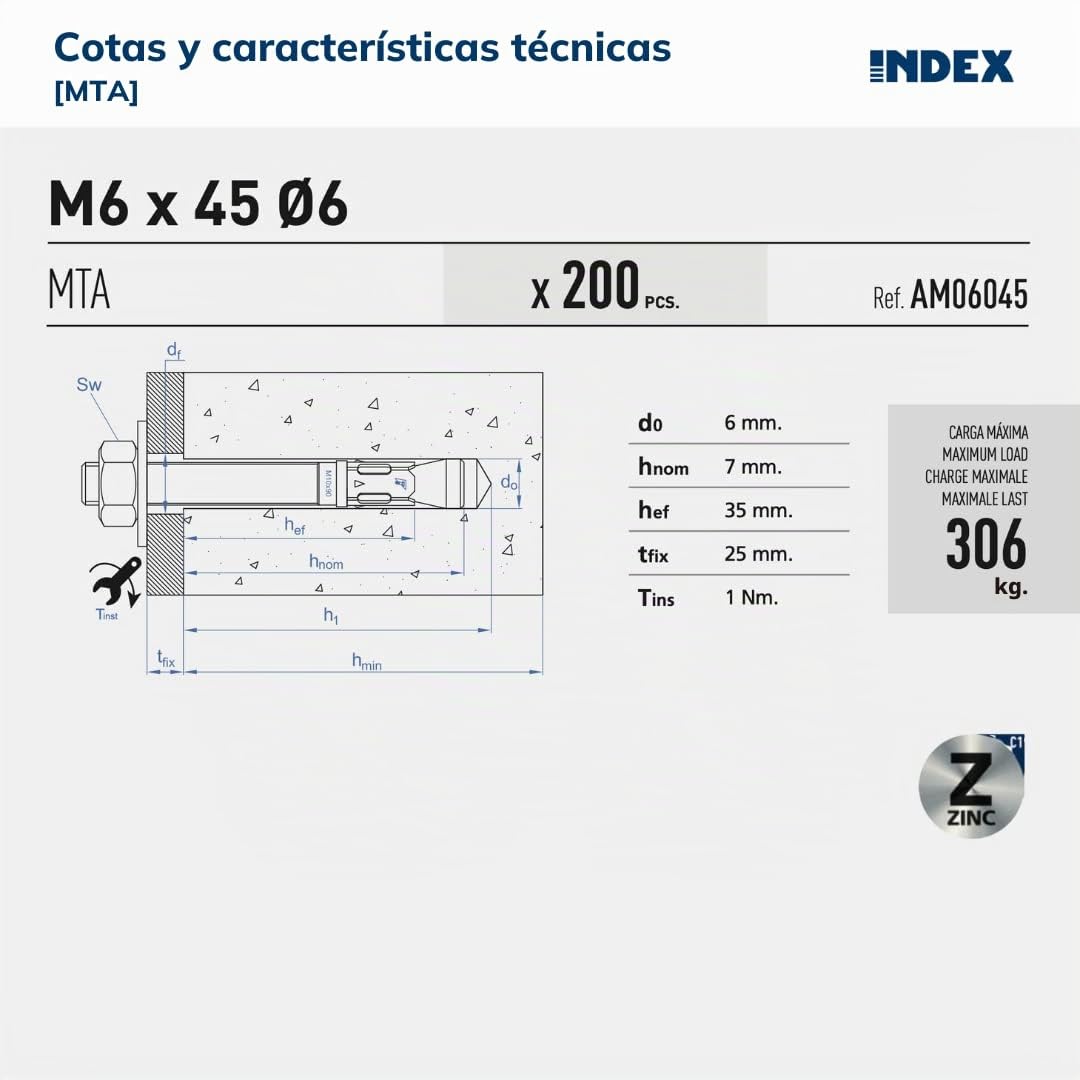 Index Fixing Systems AM08115 [MTA] Anclaje macho para cargas altas. Zincado 115 Ø8, Gris, M8 x 115 mm, diámetro de 8 mm, Set de 100 Piezas