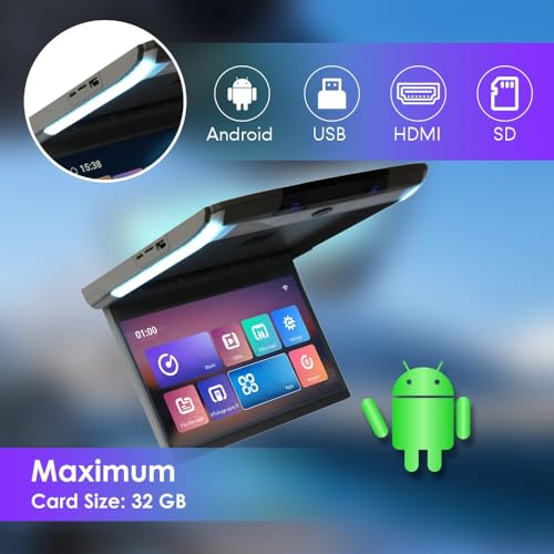 Kunfine Android Car Overhead Player 11.6 Inch Wide IPS Screen Video Car Roof Mount Monitor with Built-in Stereo Speakers Flip Down Overhead Car Monitor Support Bluetooth WiFi HDMI USB NO DVD(Beige)