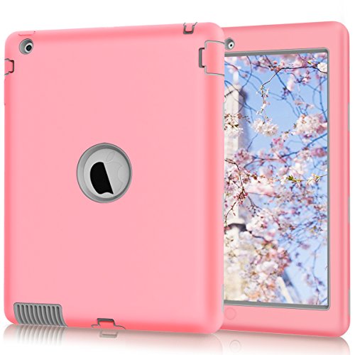 Hocase for iPad 2/3/4 Case, Rugged Slim Shockproof Soft Silicone Rubber+Hard Plastic Hybrid Dual Layer Protective Case for iPad 2nd/3rd/4th Generation (9.7-inch Display) - Pink