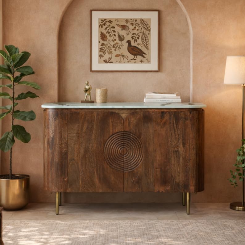 Image of Solid Wood Mandala Sideboard Cabinet with Sintered Stone Top for Living Room | Scratch Resistant Lacquered Tubaq Finish | 119.8 x 39.8 x 85 cm