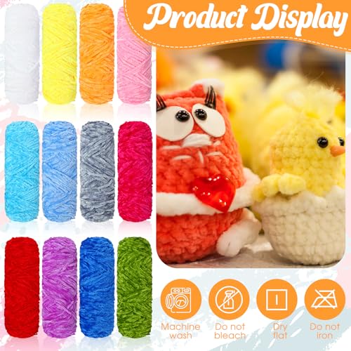 Image of Timgle 12 Pack Chenille Yarn for Crocheting, Soft Velvet Yarn 1312 Yards, 3 mm Thick Fluffy Plush for Hand Knitting Weaving Sweater Shawl Scarf Gloves DIY Craft, 109 Yards Each(Bright Color)
