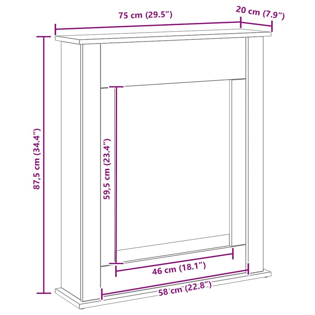 Cornice per caminetto, effetto rovere nero, in legno, 75 x 20 x 87,5 cm, ripiano per fiamme LED, cornice decorativa per camino per soggiorno, facile da pulire e stabile