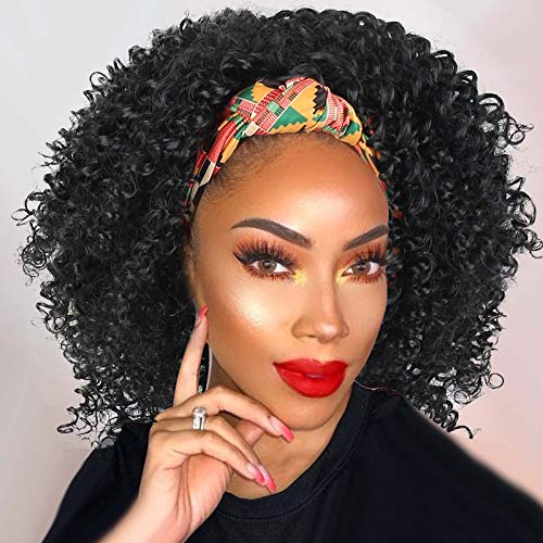 LEOSA Kinky Curly Headband Wig for Black Women, Short Curly Wig with Headband Attached Synthetic Deep Curly Full Wig with Colorful HeadWrap Wig Easy to Wear Curly Afro Wig Head Wrap Wig 2 in 1