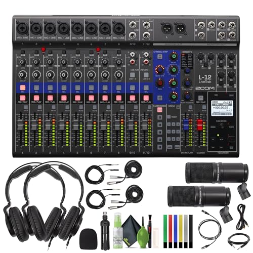 Zoom LiveTrak L-12-12-Channel Digital Mixer & Multitrack Recorder + 2x Zoom ZDM-1 Podcast Mic Pack + Audio Cable 3.5mm 1/8 inch Mono Male to RCA Mono Male Connector + More