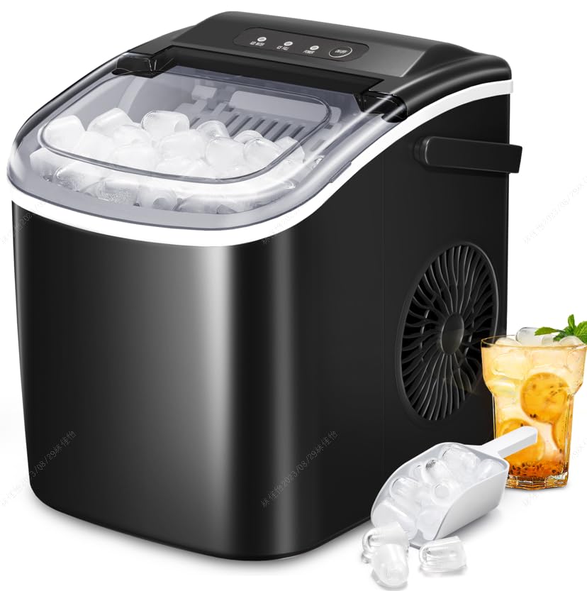 AGLUCKY Ice Makers Countertop,Portable Ice Maker Machine with Handle,26Lbs/24H,9 Bullet Ice Ready in 6 Mins,Self-Cleaning Ice Maker with Ice Scoop and Basket for Home Office Kitchen (Black)