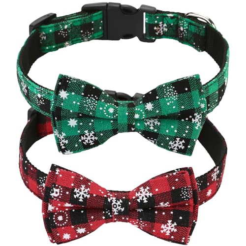 Weihnachten Hundehalsband mit Hunde Fliege Abnehmbarer, Weich und Bequem, verstellbares Hundehalsband, 2 Stück, Sicherheitsschnalle, Schneeflocke mit Weihnachten Design (XL)