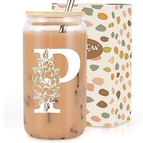 Image of Coolife Initial Glass Cup, Monogrammed Gifts for Women, 16 oz Tumbler w /Lid | Iced Coffee Smoothie Beer Tumbler w /Straw Lid - Personalized Christmas, Birthday Gifts for Woman Her Mom Friend