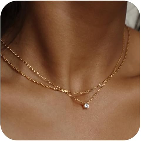 Dainty Gold Necklace for Women Non Tarnish Layered 14k Diamond Pendant Charm Gold P...