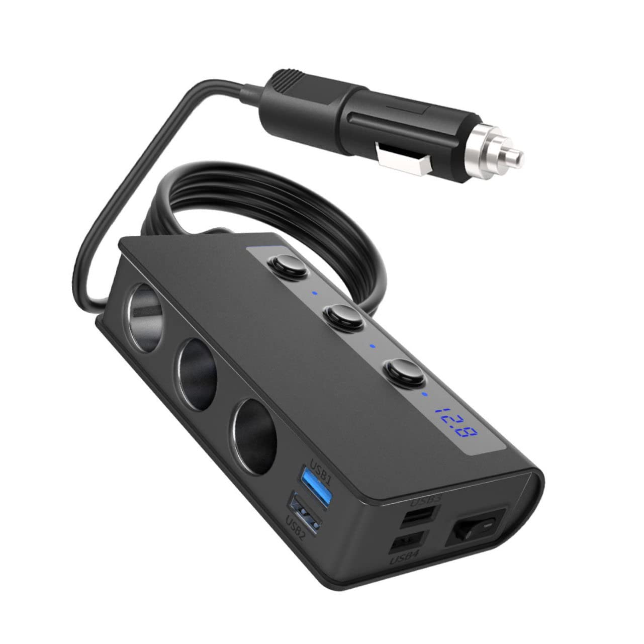 NUOBESTY Adaptador Divisor para Coche 180 W, 12 V-24 V, 4 Puertos USB y 3 Enchufes para Encendedor, Carga para Automóvil Indicador LED