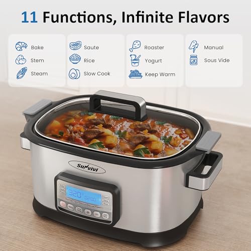 11-in-1 Multicooker, 6.5QT Slow Cooker Roaster Oven, Digital Programmable Multi Functional Pot with Timer, Temp Control, Delay Start, Glass Lid, Removable Nonstick Pot & Roast/Steam Rack - Image 3