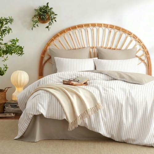 Image of Nayoroom White Striped Duvet Cover Queen Reversible Taupe Bedding Set