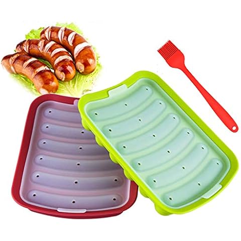 Sausage Mould, 2 PCS Premium Silicone Hot Dog Making Molds with Lid and Grease Brush, Non Stick Meat Hot Dog Maker for Kids Food Supplement, 6 Cavity Cake Tray Machines (Random Color) Cover