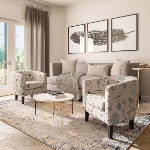 Image of BELLEZE Living Room Chairs Set of 2, Linen Round Accent Barrel Chairs, Club Tub Sofa Chairs for Bedroom, Corner Chairs with Flared Legs and Cozy Soft Padding - Highland (Floral Print)