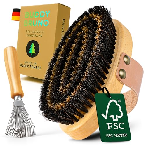 BUDDY BRUNO® Hundebürste Kurzhaar mit 100% Naturborsten, Fellbürste für die tägliche Fellpflege, Premium Striegel für Hunde & Katzenbürste, inkl. Bürstenreiniger, MADE IN DE