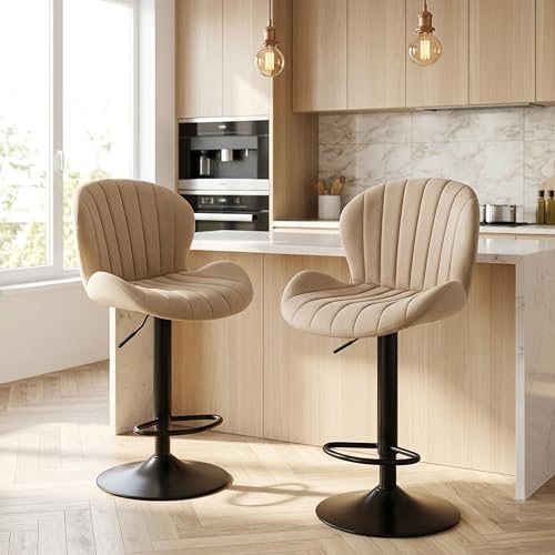 Image of HealSmart Bar Stools Set of 2, Adjustable Counter Height Swivel Stools, Modern Fabric Upholstered Bar Chairs with Backrest for Kitchen Island, Home Bar & Dining Area, Beige