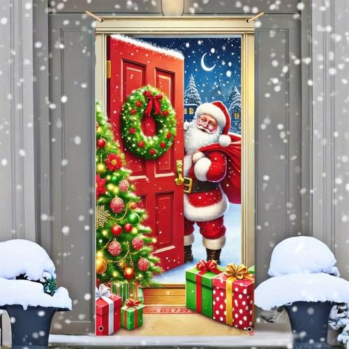 Image of BlissYard Christmas Door Cover Santa Photo Booth 35x71 Inch Polyester
