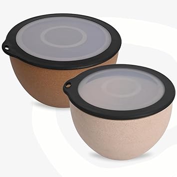 Eha Earth Friendly Storage Bowls with Lid | Microwave Safe Bowl | Made with Rice Husk and Bamboo Fibers | 1600ml Each | Set of 2 | Sand-Tortilla