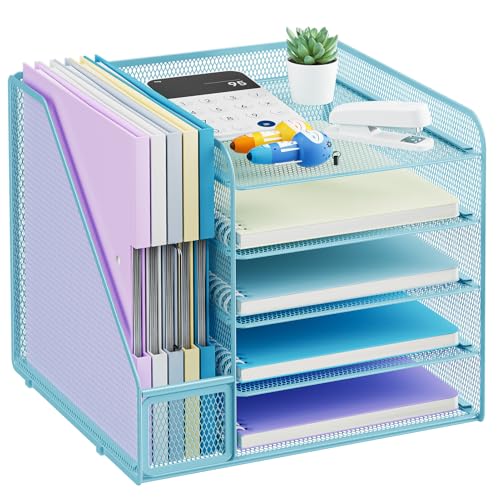 Marbrasse Organizador de Escritorio,5 Niveles Malla Papel Organizador, Archivo Estantería para Oficina Casa Accesorios (Azul)