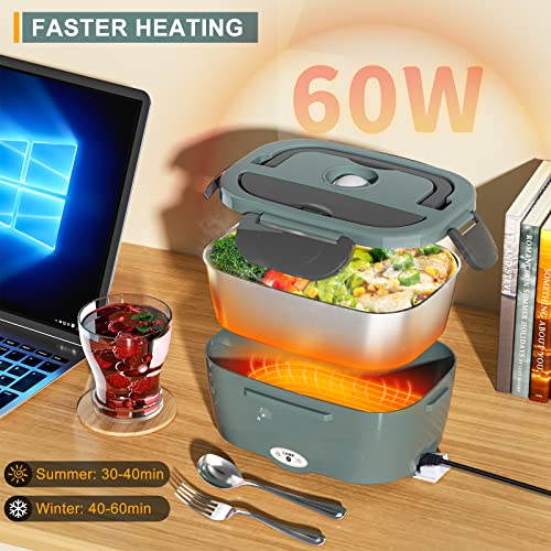 Monteka Electric Lunch Box Food Heater - Leakproof Portable Food Warmer Heated Lunch Box For Adults For Car/Home/Truck With 1.5L Removable Stainless Steel Container, 60W, 12V/24V/110V, Green #TOP3