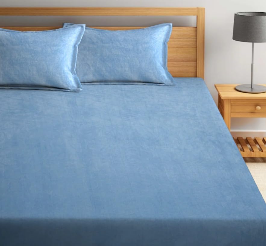 Image of Sands 300TC Luxurious Bedsheets for Winter, Heavy Velvet Bedsheets, King Size Fitted Warm Double Bedsheet, 72 x 78 x 10 inches, with 2 Pillow Covers, Zipper Closer (Sky)