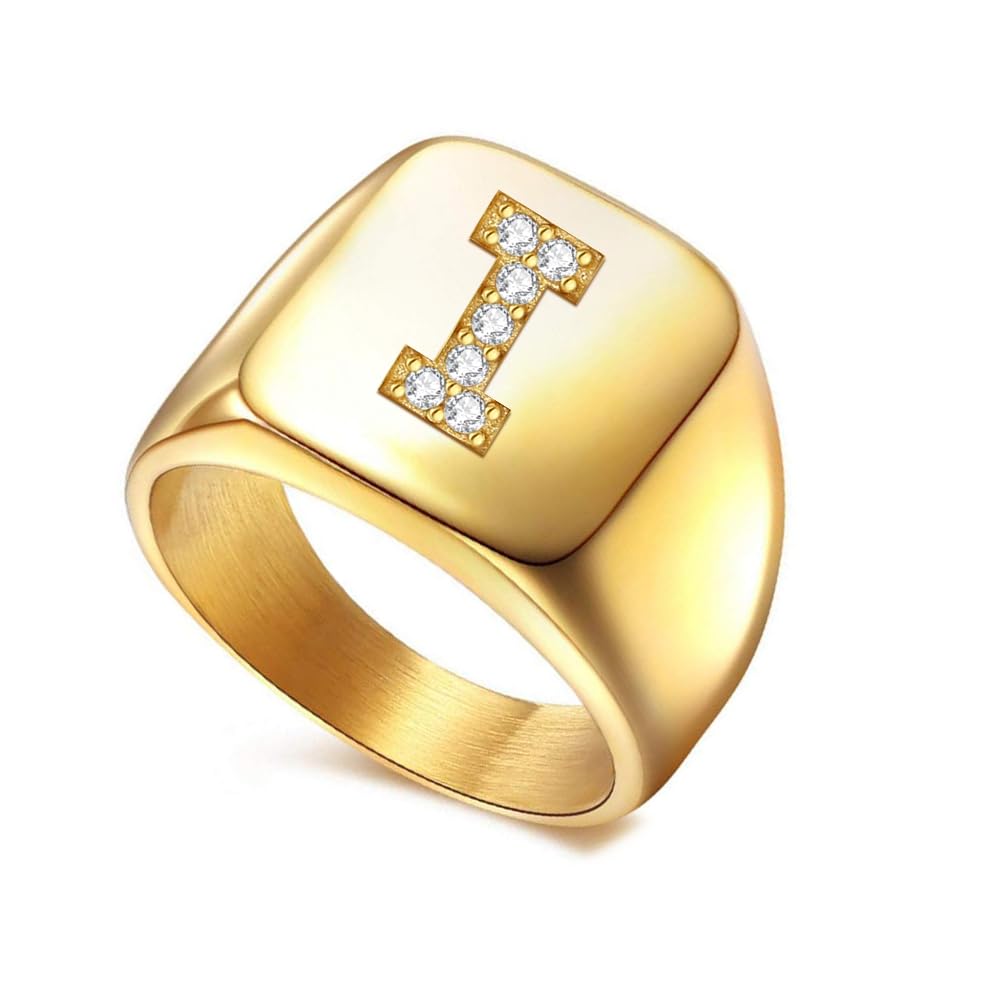 - 10K/14K/18K Real Gold Initial Letter Men's Signet Ring Yellow Gold Man A-Z Square Promise Engagement Anniversary Rings Band Handmade Jewelry for Him Father Size 4-16