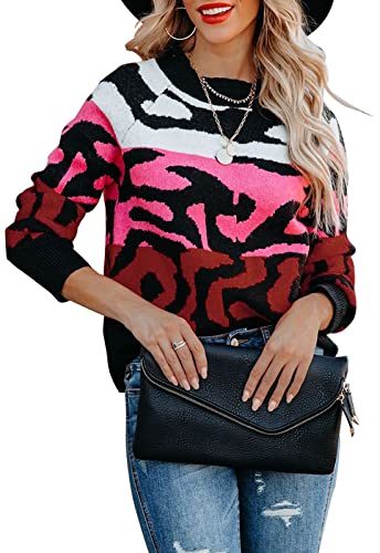 Image of ANCAPELION Women's V Neck Sweater Pullover Leopard Long Sleeve Basic Color Block Jumper Casual Knitted Tops