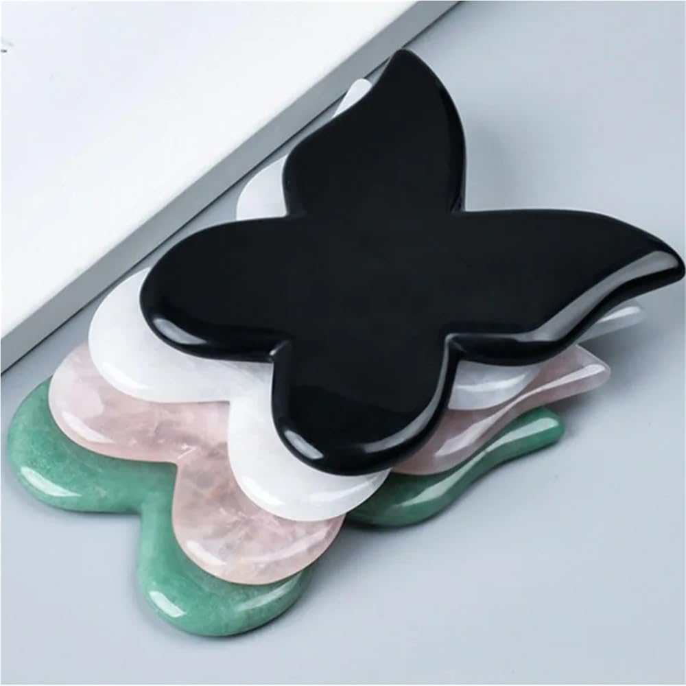 Raschietto for Gua Sha in Giada al Quarzo Rosa a Forma di Farfalla, for Massaggio del Corpo, pressoterapia, Lifting del Viso(White)