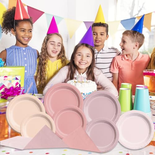 Image of CMUSKO Pink Birthday Decorations - 60pcs Retro Dusty Pink Plates & Napkins Kit Boho Theme Tableware for Baby Shower,Wedding, Bridal Shower