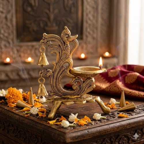 Image of Saudeep India Oxidized Metal Diya for Puja | Brass Oil Diwali Lamp in Peacock Design Perfect Gift Item | Antique Decorative Akhand Diya Home Decor Temple Pooja Room 14x9x20cm (Single Export Quality)