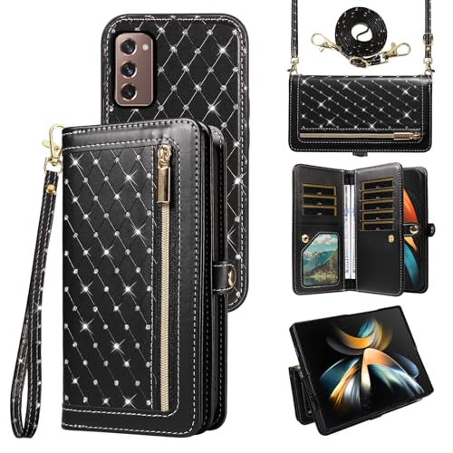 Asuwish Funda para teléfono Samsung Galaxy Z Fold 2 5G 2020 con cremallera, funda magnética desmontable con correa de cordón cruzada, ranuras para tarjetas de crédito, ZFold2, Z2, Fold2, ZFold2