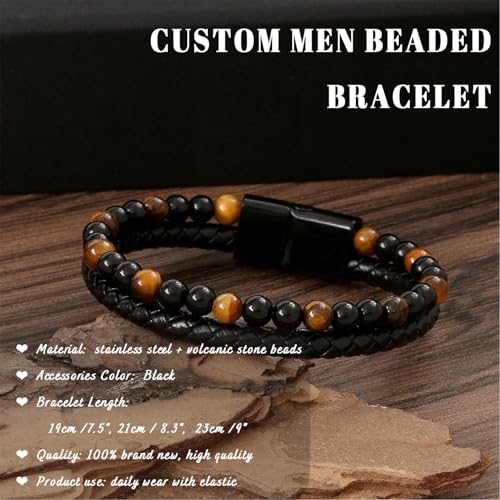 The Guardian - Son's Tiger Eye Protection Bracelet, Leather Black Beaded Bracelets for Women & Men with Engarved Name, Cuff Bangle Mens Beaded Bracelets, To My Son Bracelet from Mom, Mens Gifts4