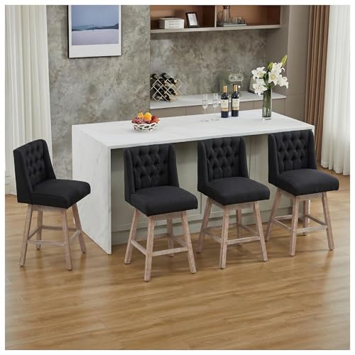 Image of 28 inch Swivel Bar Stools Set of 2, Counter Height Barstools with Back, Linen Fabric Upholstered Bar Stools, Modern Barstools Wood Legs for Kitchen Island Dining Room Bar