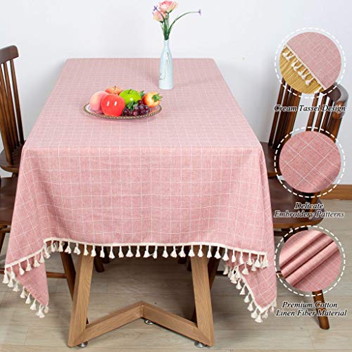 Tassel Tablecloth 55\"x55\" Square Tablecloth Blush Embroidery Checkered Tassel Tablecloth Cotton Linen Wrinkle Free Table Cloth for Kitchen Table Cover for Indoor and Outdoor Decor (55\"x55\", Blush)