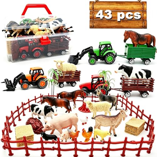 Kimicare 3 Pack Farm Toy Tractor with 40pcs Plastic Farm Animals Figurines and Fence Farm Playset...