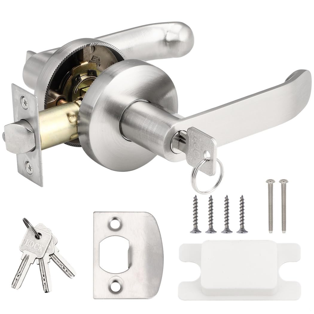 Zestaw blokady klamki do drzwi wejściowych z kluczem do sypialni, szatni, drzwi komercyjnych, z zatrzaskiem 6 - 6 cm, aluminiowa blokada dźwigni, szczotkowane wykończenie