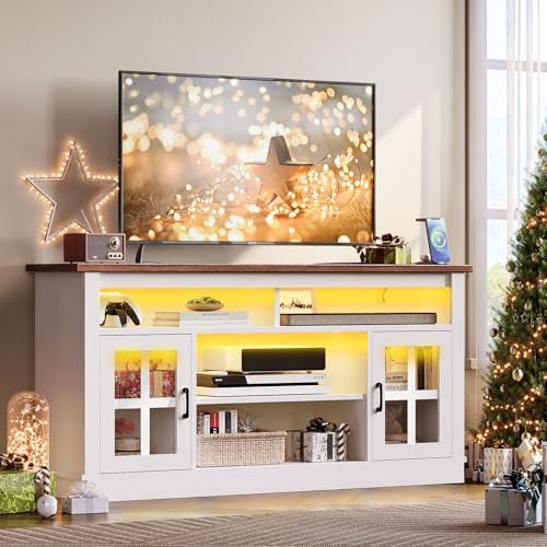 Memobarco TV Stand for 65 Inch TVs,Farmhouse Entertainment Center with LED Lights and Charging Station,TV Cabinet/Console Table with Adjustable Shelves and Glass Doors for Living Room White+Walnut