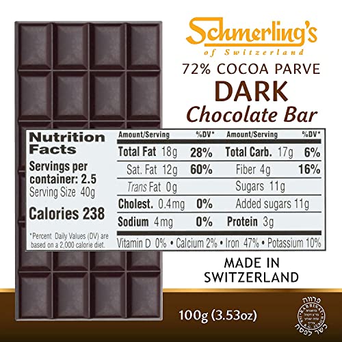 Schmerling's Dark Swiss Kosher Chocolate - 72% Cocoa - All Natural Chocolate - Vegan - Gluten Free - Paleo - Non Gmo - Non Dairy - Gourmet Parve Chocolate - Kosher Ou - 3.5Oz Each - Pack Of 5 #TOP1