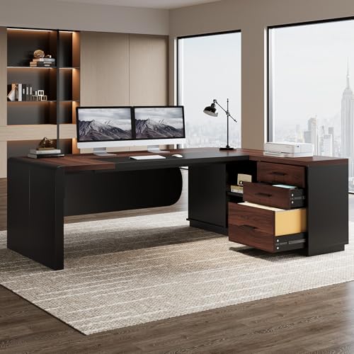 Tribesigns 80'' L-Shaped Desk, Large Executive Office Desk with 55'' Drawers Cabinet, Modern Computer Table with Storage Shelves, Business Furniture for Home Office, Walnut & Black
