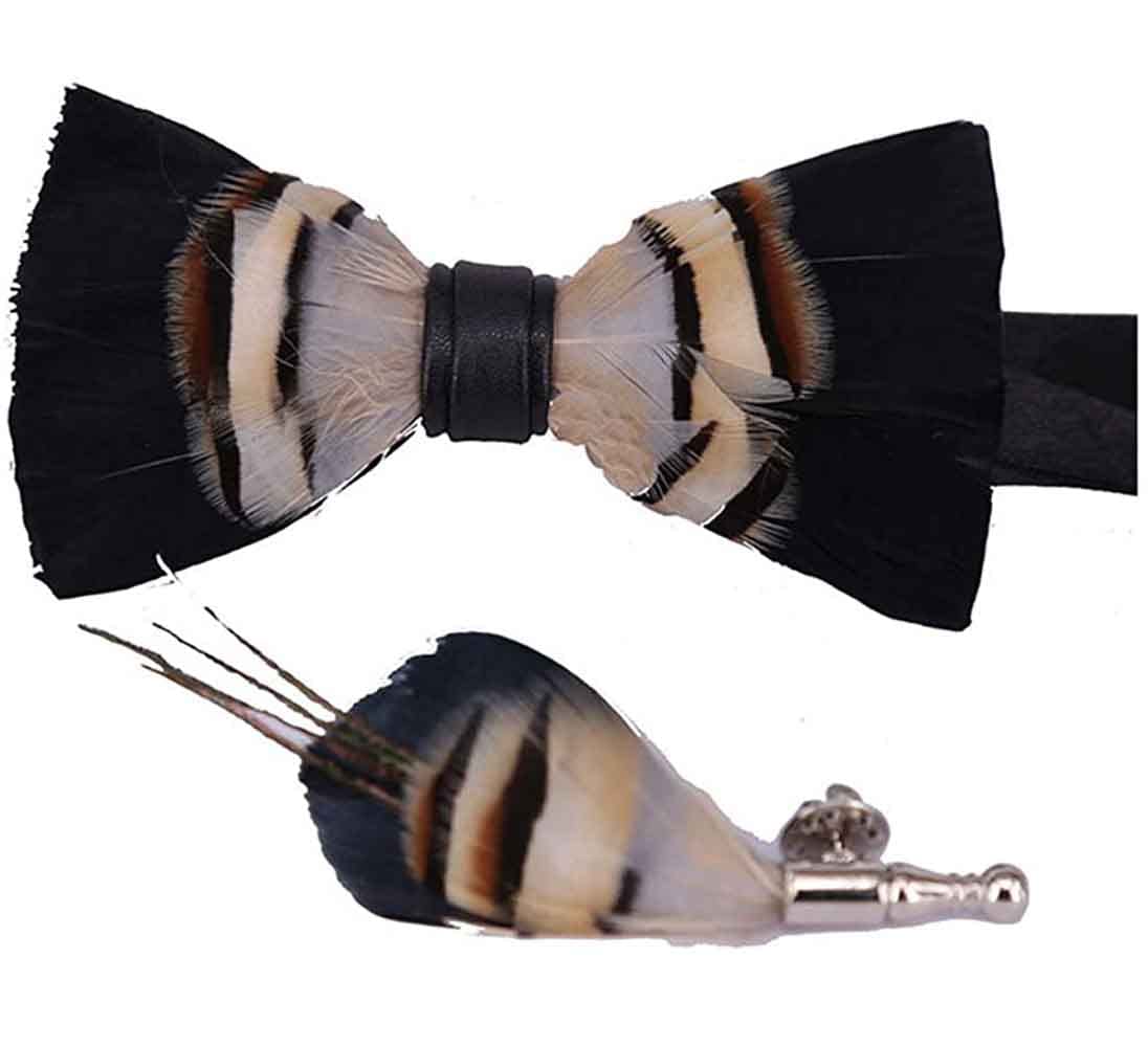 JOIZPAPA Men's Pre-Tied Bow Tie Handmade Feathers Bowtie and Brooch Set