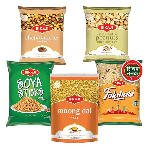 Bikaji Snacks Combo – SOYA STICKS & SALTED PEANUT & FALHARI MIX & Moong Dal & ROASTED CHANA CRACKER | 5 Pack Variety | Bar Snacks, Party Mix & Tea-Time Treats – 1 Kg