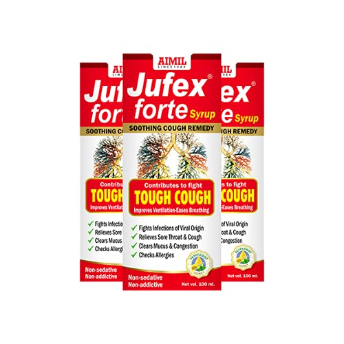 AIMIL Jufex Forte Syrup - 100ml (Pack of 3) | Ayurvedic Herbal Syrup for Tough Cough, Sore Throat, Congestion and Respiratory Wellness | Non-Alcoholic & No Drowsiness