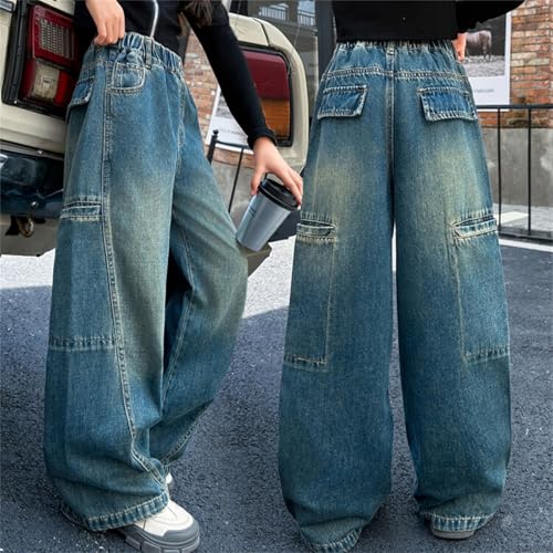 Jeans for Girls Baggy Wide Leg Denim Pants Kids Cute Elastic Waist Button Trousers Trendy Y2k Streetwear with Pockets4