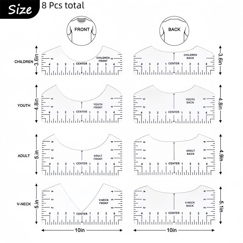8Pcs Tshirt Ruler Guide to Center, PVC Shirt Measurement DTF Template Tool for Alignment, Heat Press Sublimation, HTV Transfer, Craft Sewing Supplies and Accessories, Front and Back Measurement - Image 3