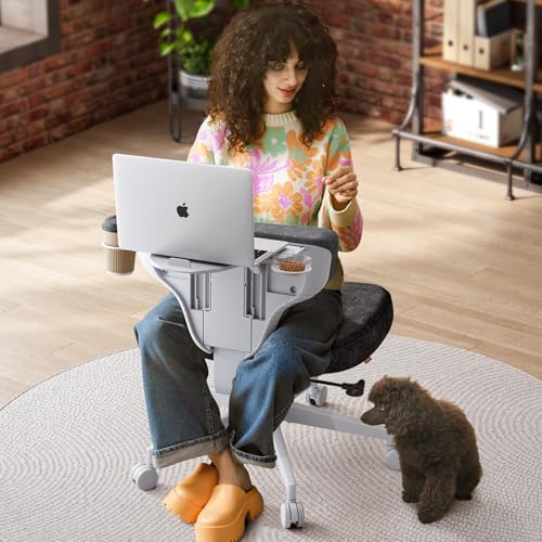 Newtral Criss Cross Legged Office Chair with Hidden Tray, Extra Wide Armless Comfy Desk Computer Task Seat, Multi-Position Recliner Chair for Home Office, Vanity & Yoga Dark Grey Basic:No Ar